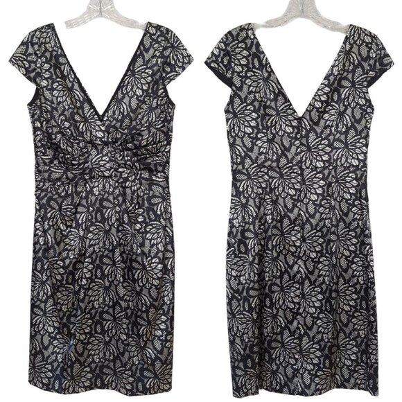 Maggy‎ London size 8 black white floral Dress V-Front V-Back Empire waist - Picture 1 of 13